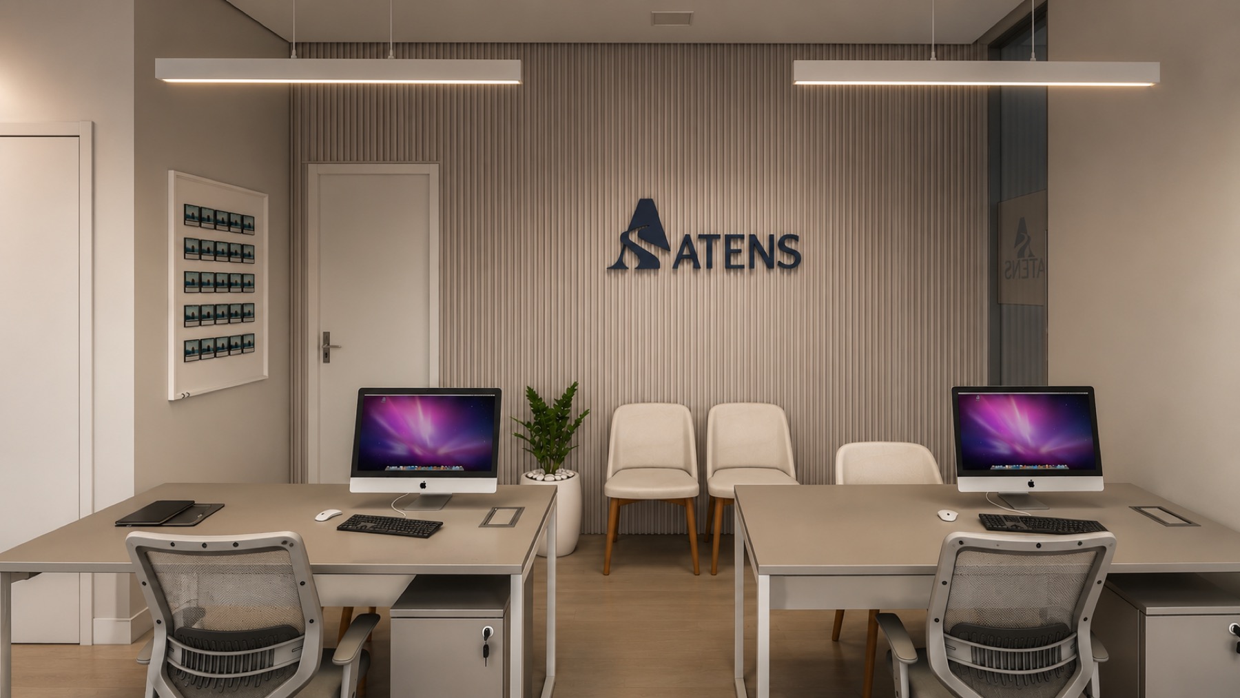 Sala da filial da Atens reformada pelo Estúdio Leme